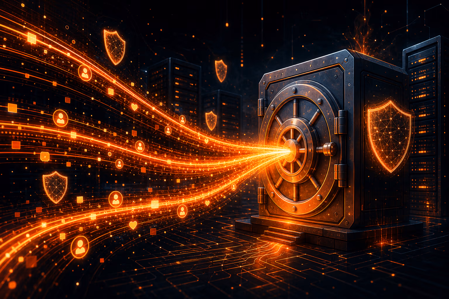 منصة تبرعات رقمية مع تيارات بيانات برتقالية متوهجة تتدفق إلى خزنة آمنة على خلفية داكنة