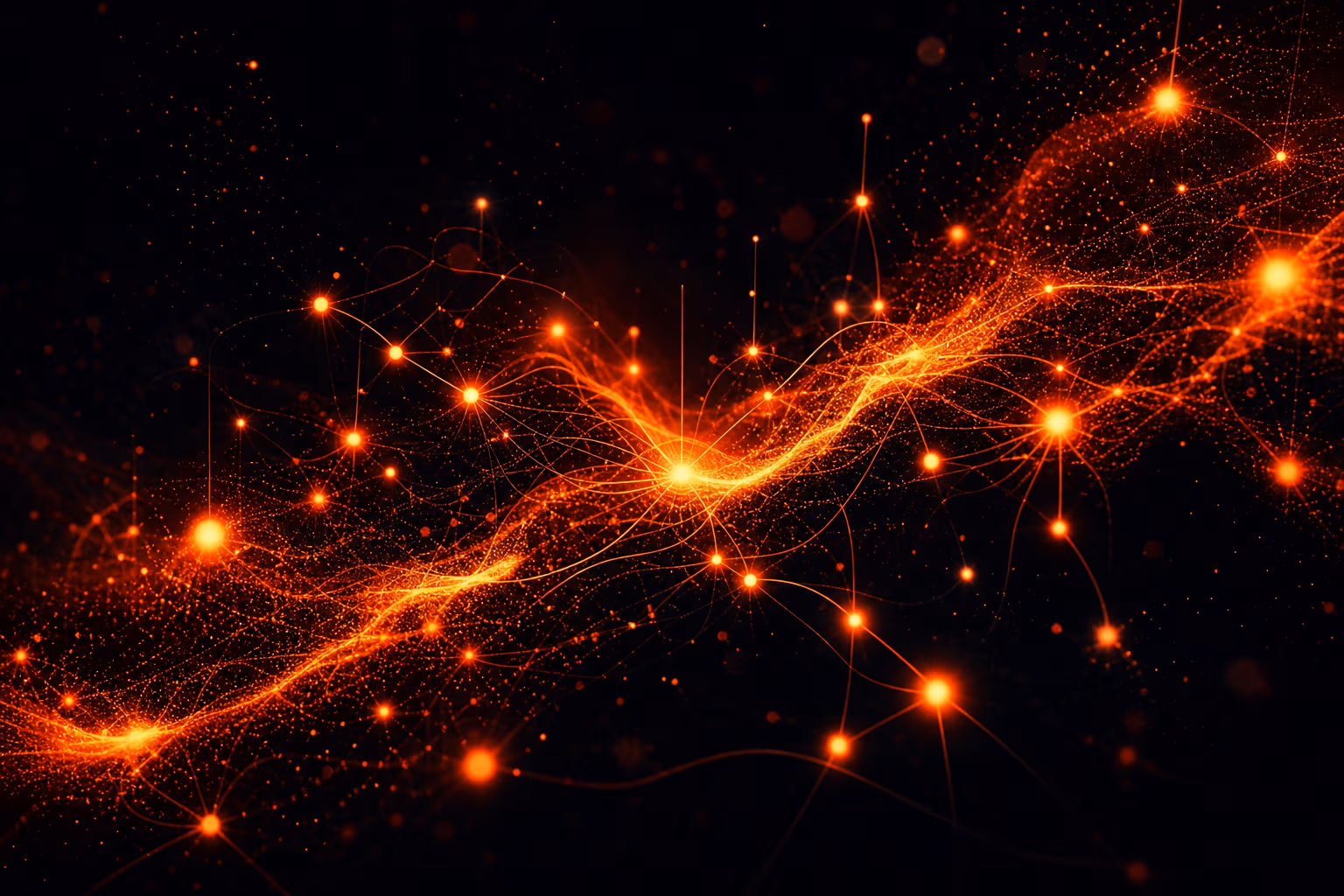 Rede digital abstrata de nós de brasas brilhantes e fluxos de dados sobre um fundo carvão escuro.