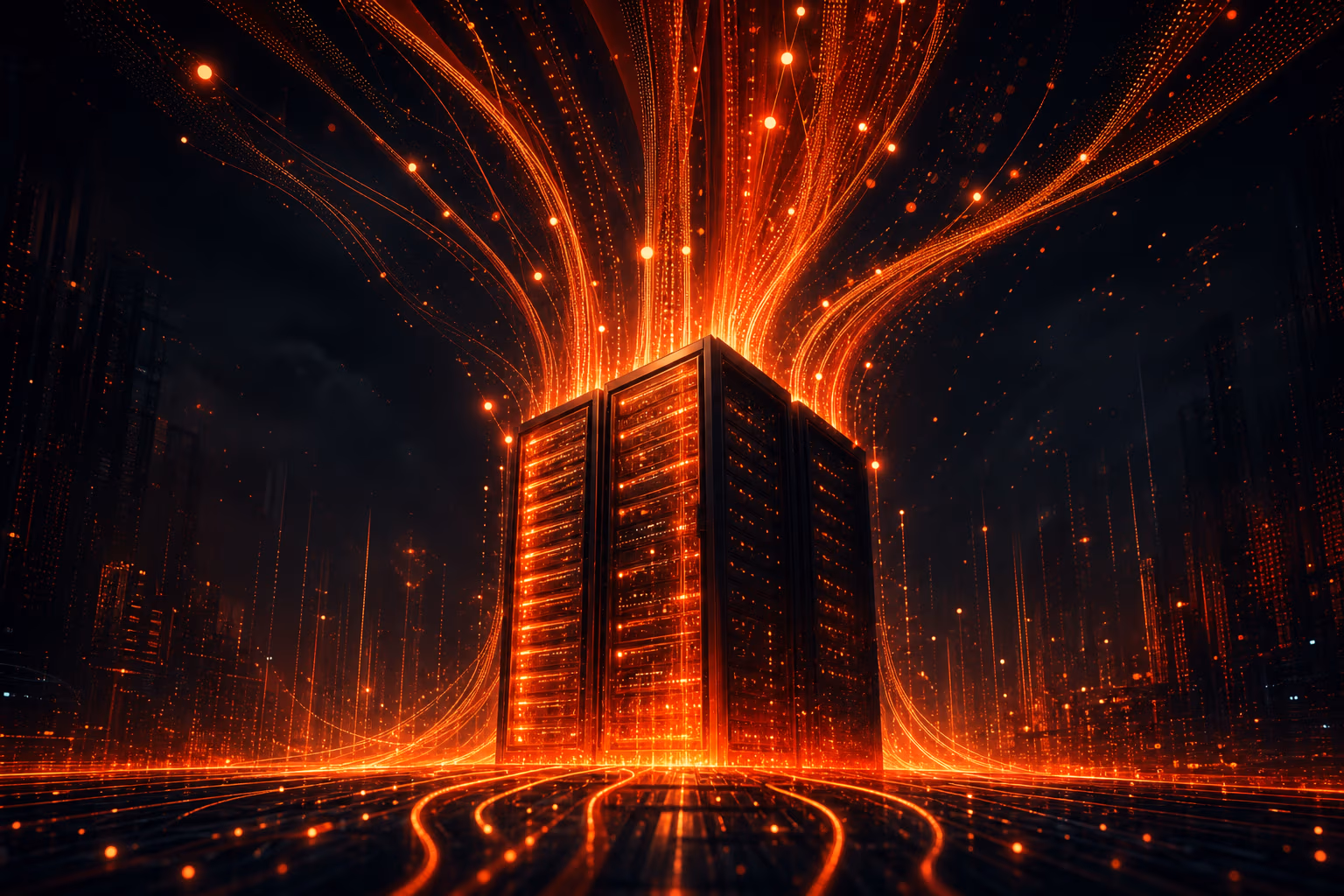 Ilustración digital abstracta de un rack de servidores con flujos de datos brillantes que representan la infraestructura de una plataforma de donaciones