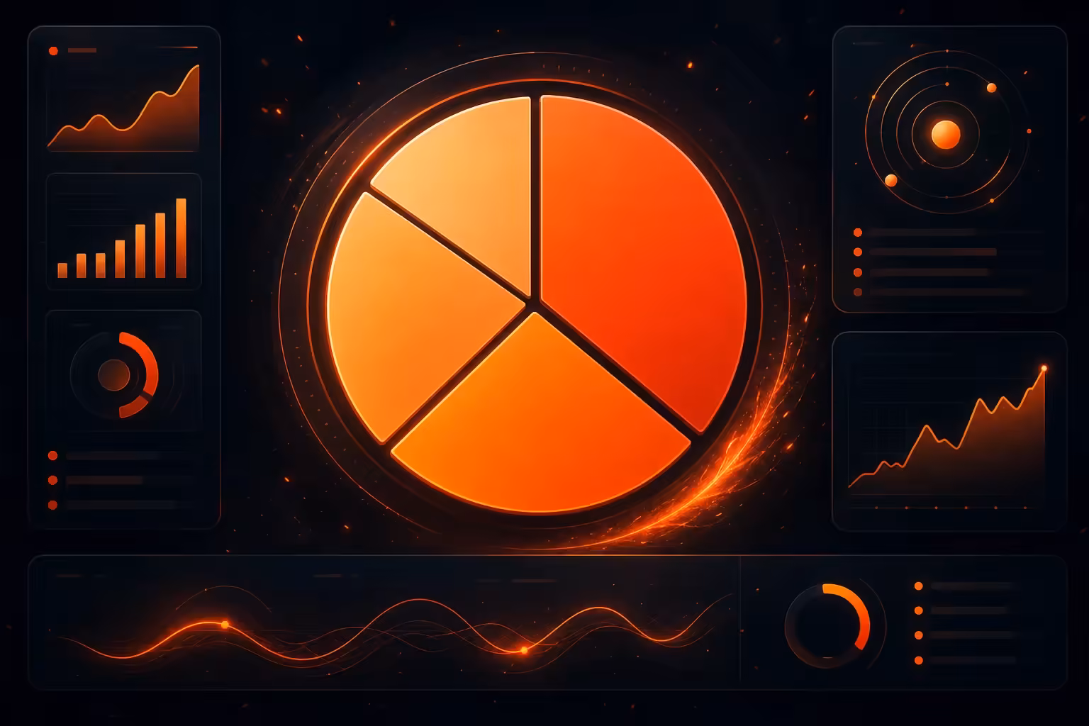 AI analytics dashboard with glowing orange accents on dark background