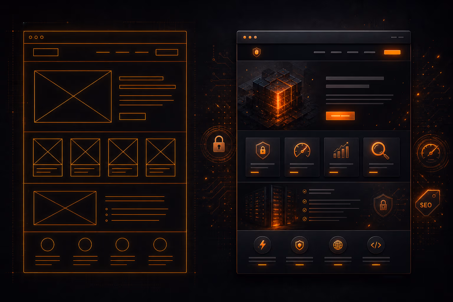 Abstract visualization of an AI-generated website skeleton evolving into a fully built site with security and performance elements.