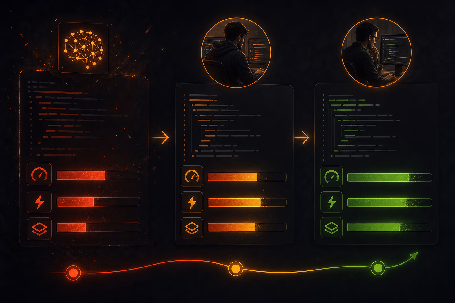 Abstract performance metrics visualization with orange ember bars showing improvement after human optimization