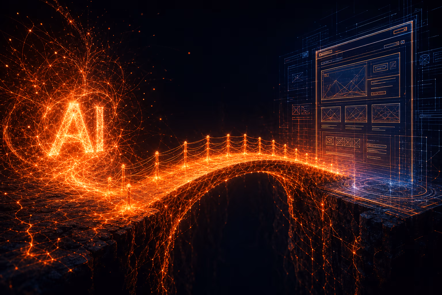 A glowing bridge of ember light connecting an AI spark to a website blueprint on a dark background.