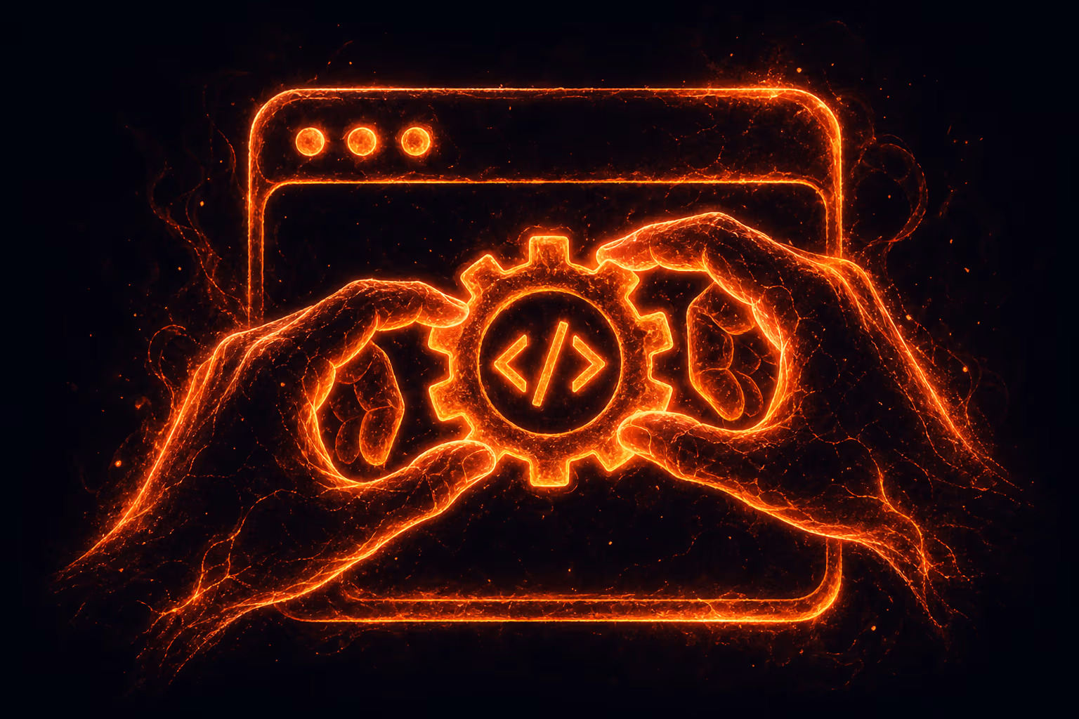 Hands adjusting a glowing gear inside a website icon with ember accents on dark background.