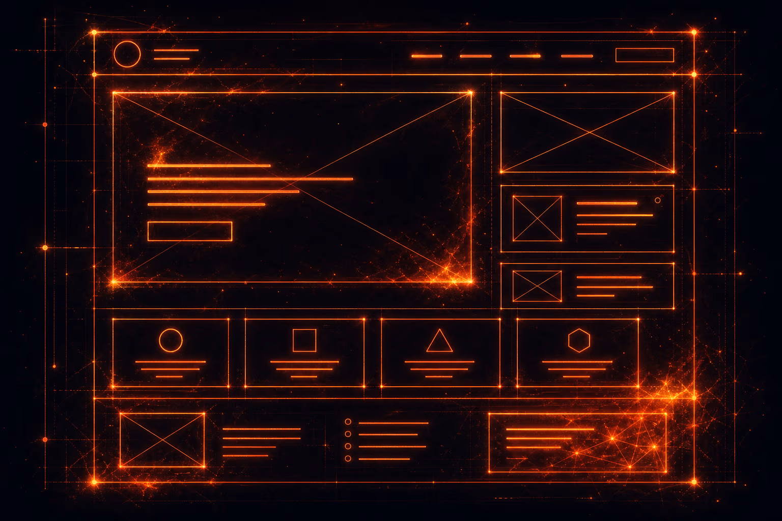 Abstract glowing ember website wireframe on dark background