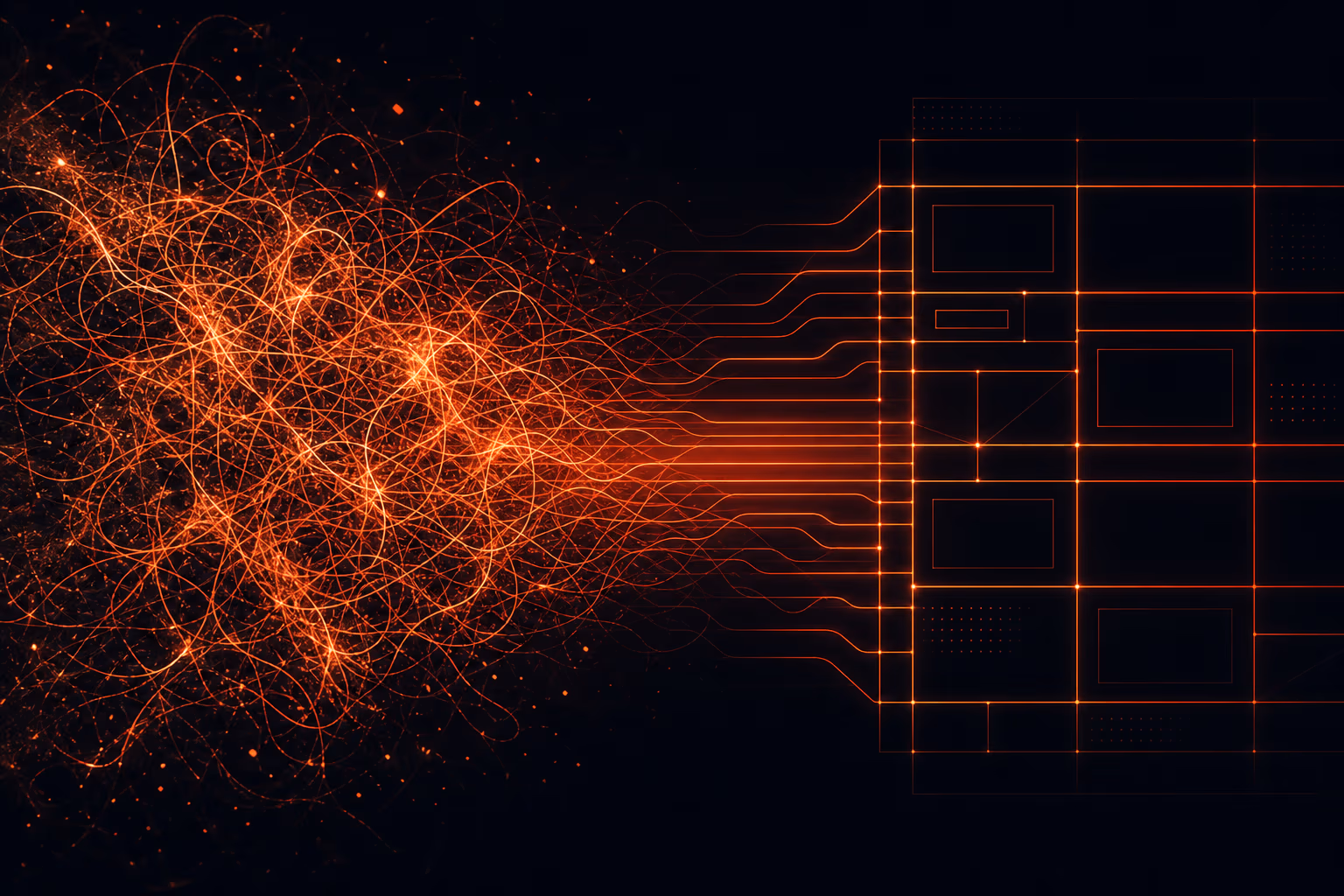 Abstract comparison of chaotic and structured ember-colored grids on dark background