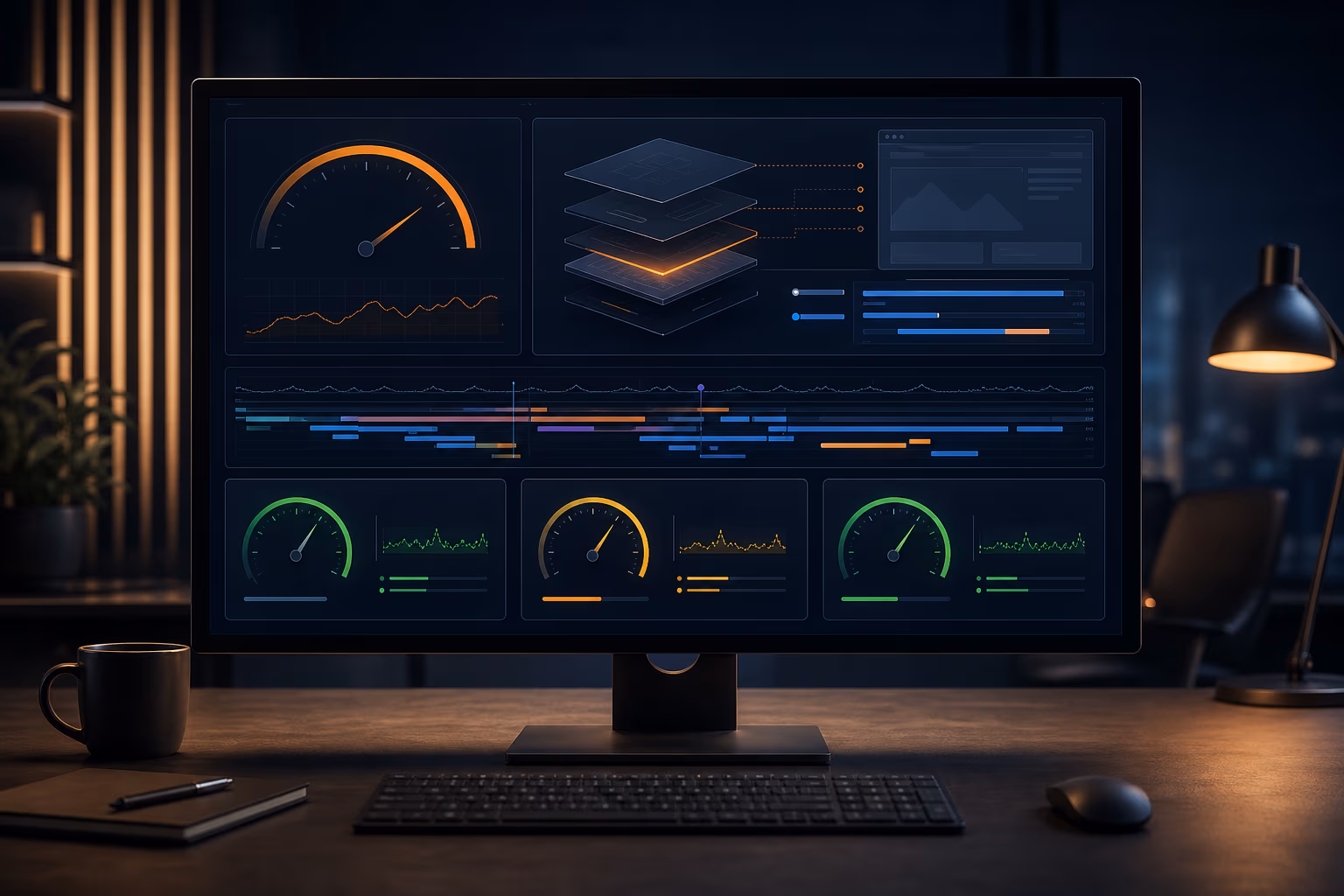 Website performance dashboard visualizing Core Web Vitals metrics and rendering speed.
