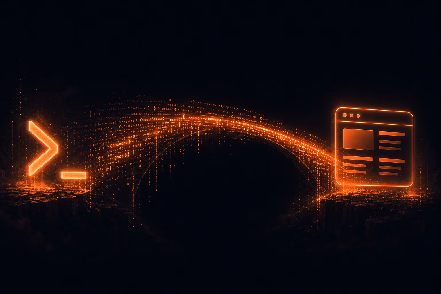 Abstract bridge from a prompt symbol to a website icon made of code fragments with orange glow on dark background.