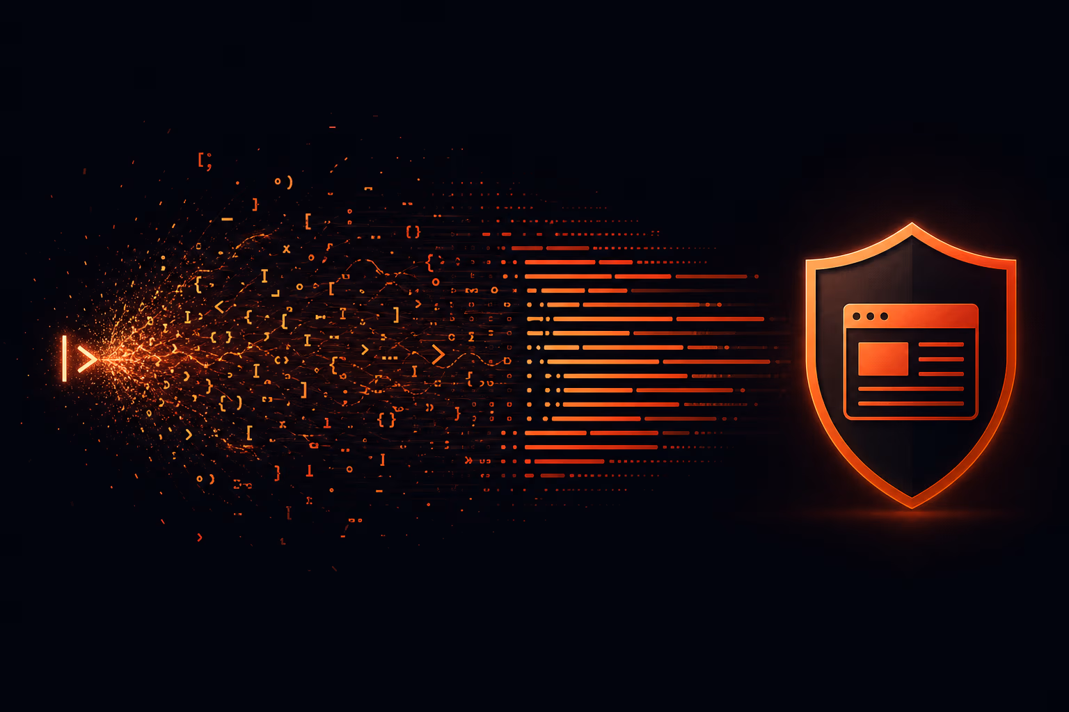 Abstract transformation from AI code cursor to website shield icon with organized code lines and orange glow on dark background.
