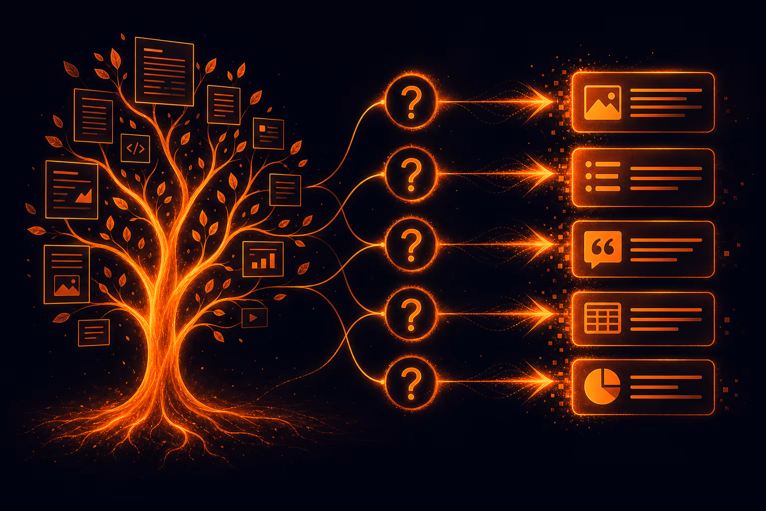 تمثيل تجريدي لاستراتيجية المحتوى للبحث بالذكاء الاصطناعي مع أسئلة متفرعة ونقاط استخراج