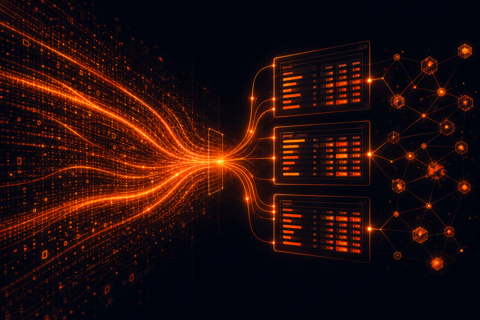 Abstract visualization of parsing data streams into structured price grids with ember glow on dark background.