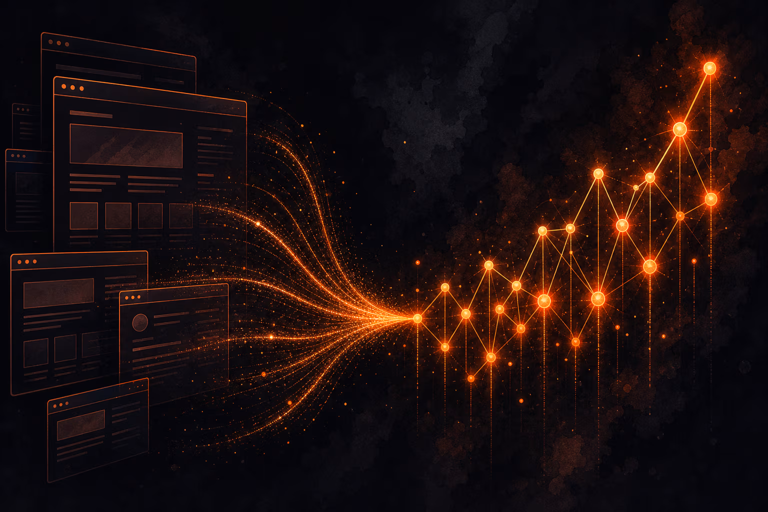 Network graph of price data extraction with ember-colored nodes on dark background.
