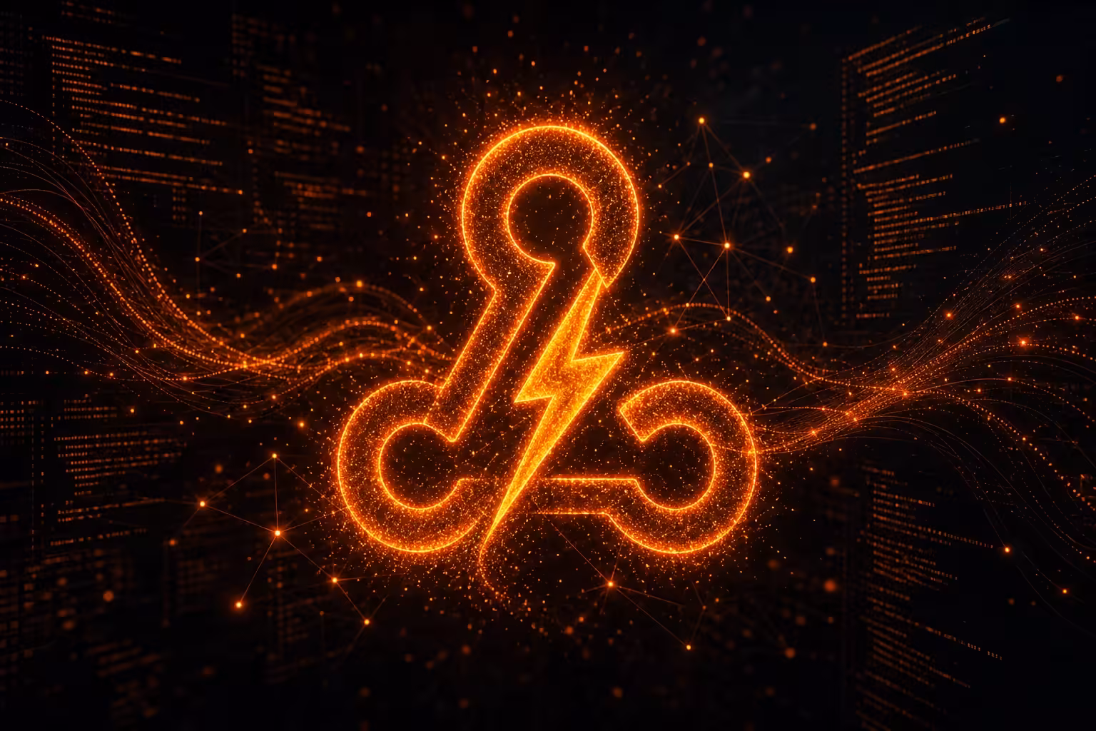 تمثيل تجريدي لبيانات webhook تتدفق عبر شبكة مع لمسات برتقالية متوهجة