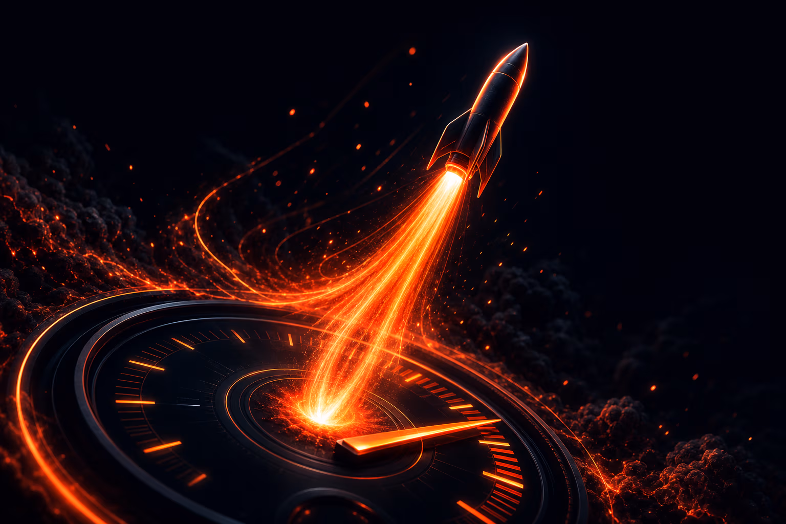 Raketa startující z rychloměru na tmavém pozadí s oranžovou září jisker